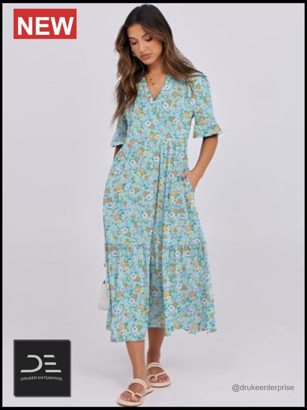 Ruffle Short Sleeve Maxi Dress, V-Neck Tiered with Pockets, Flowey Summer Dress - Picture 5 of 7